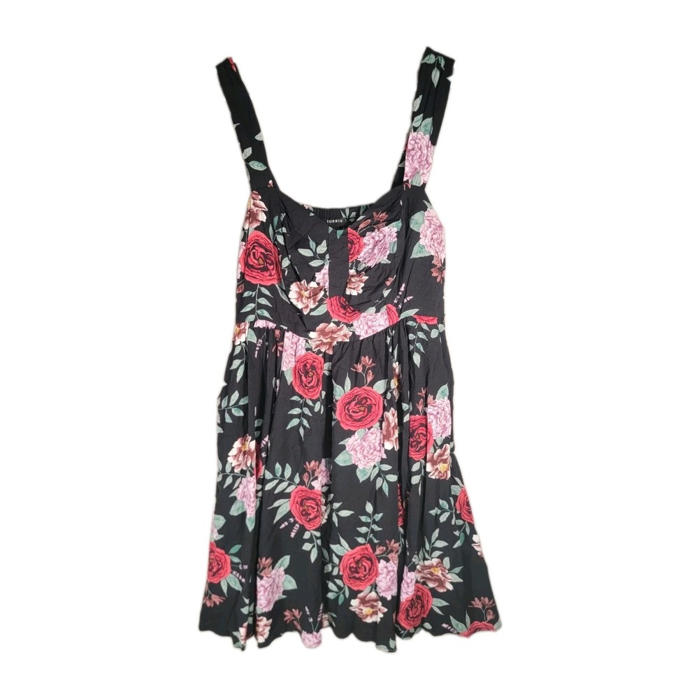 Torrid 1 1X Sundress Black Floral Challis Sweetheart Smocked Skater Midi Pockets